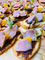 canape duck with orange and caramelised onion chutney 3 canape with Duck Orange and caramelised onion crostini catering event corporate event buffet anniversary Crawley West Sussex Surrey Horsham Horley Brighton Wedding party food East Grinstead Copthorne Charlwood Rusper Haywards Heath